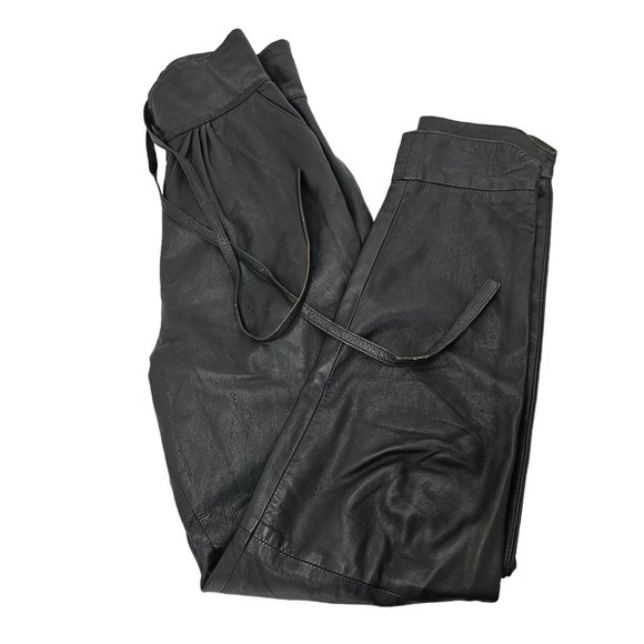 90s High Waist Leather Pants Laced Belt Slash Pockets Curved Hem Womens 26 Black - Picture 8 of 11
